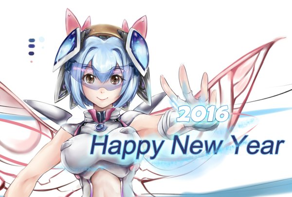 Anime picture 1785x1206 with lancer0519 single looking at viewer fringe highres short hair breasts simple background smile white background brown eyes blue hair upper body outstretched arm new year happy new year 2016 girl gloves fingerless gloves