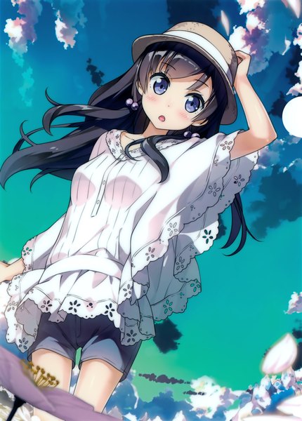 Anime picture 2510x3500 with glass no hana to kowasu sekai dual (glass no hana to kowasu sekai) kantoku single long hair tall image looking at viewer blush fringe highres open mouth blue eyes black hair standing sky cloud (clouds) outdoors wind wide sleeves :o