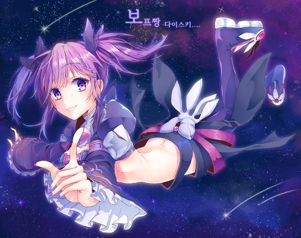 Anime picture 880x697 with elsword aisha landar pinb single long hair looking at viewer blush fringe light erotic smile purple eyes twintails purple hair bent knee (knees) long sleeves nail polish parted lips night wide sleeves night sky