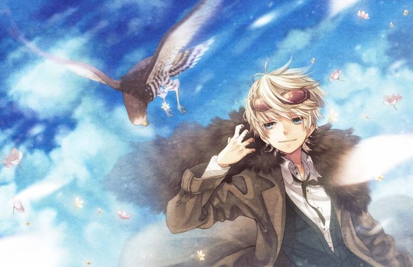 Anime picture 1360x880 with original too mizuguchi short hair blonde hair sky cloud (clouds) boy flower (flowers) animal shirt glasses jacket bird (birds)