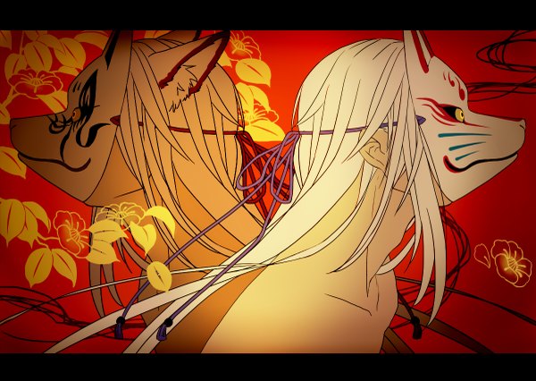 Anime picture 1200x853 with original shirousagi (artist) long hair blonde hair bare shoulders animal ears white hair profile multiple boys fox ears letterboxed topless red background boy flower (flowers) plant (plants) leaf (leaves) 2 boys mask fox mask