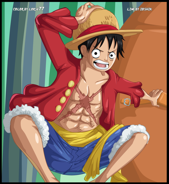 Anime picture 1046x1143 with one piece toei animation monkey d. luffy lorse77 single tall image short hair open mouth black hair black eyes coloring scar muscle boy hat shorts straw hat
