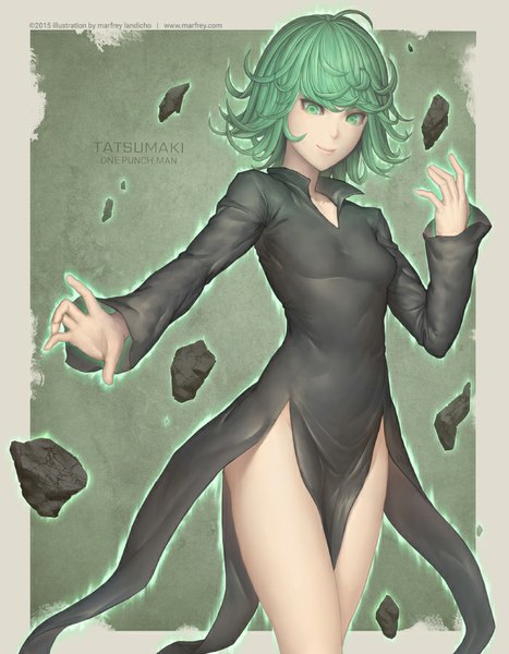 Anime picture 700x899 with one-punch man madhouse tatsumaki marfrey single tall image looking at viewer short hair smile green eyes green hair inscription copyright name character names glowing girl dress black dress stone (stones)