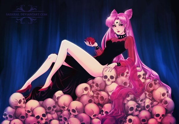 Anime picture 1280x886 with bishoujo senshi sailor moon toei animation chibiusa black lady saehral (artist) single long hair red eyes twintails holding looking away pink hair very long hair lips bare legs hair bun (hair buns) high heels dark background reclining girl