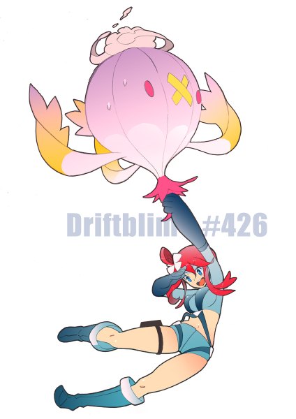 Anime picture 848x1200 with pokemon pokemon black and white nintendo skyla (pokemon) drifblim sora tokumo long hair tall image open mouth blue eyes simple background white background looking away red hair hair bun (hair buns) character names outstretched arm flying salute gen 4 pokemon