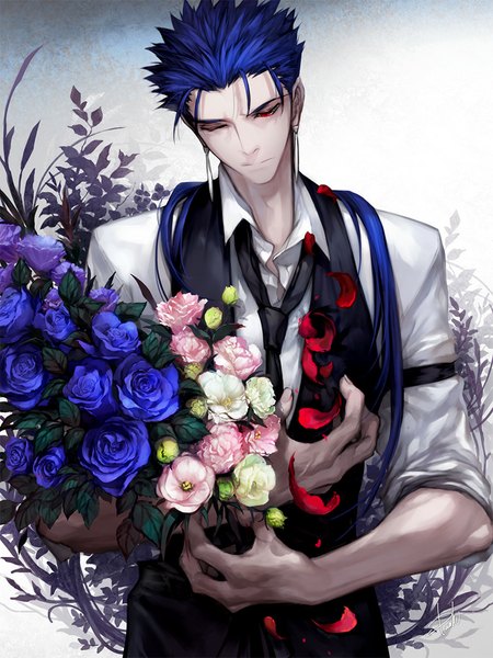 Anime picture 800x1067 with fate (series) fate/stay night studio deen type-moon cu chulainn (fate) cu chulainn (fate/stay night) danhu single long hair tall image red eyes holding blue hair looking down open collar twisty sleeves boy flower (flowers) earrings shirt