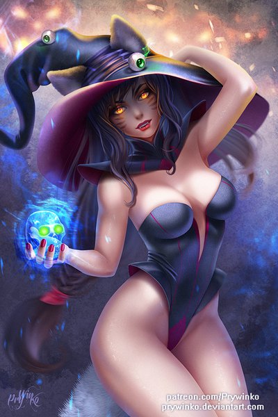 Anime picture 600x900 with league of legends ahri (league of legends) olga narhova single long hair tall image looking at viewer fringe breasts light erotic black hair signed animal ears yellow eyes nail polish head tilt arm up realistic fang (fangs) lipstick