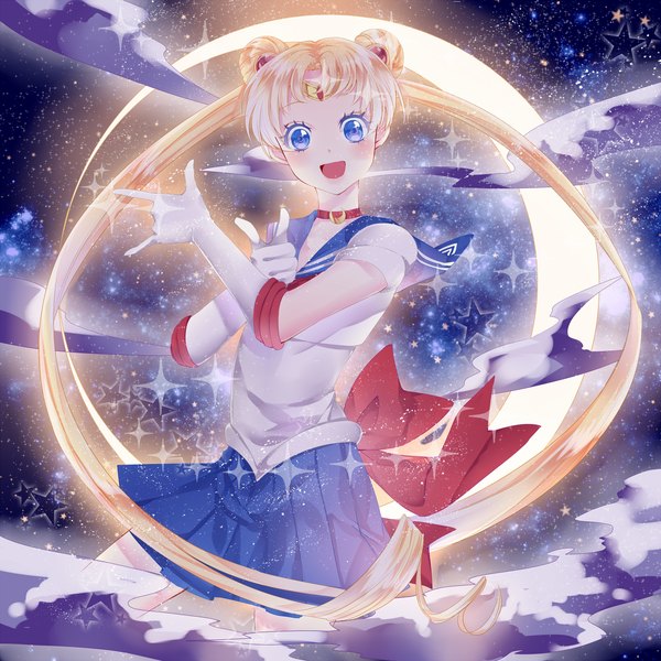 Anime picture 1500x1500 with bishoujo senshi sailor moon toei animation tsukino usagi sailor moon yunikoniko single looking at viewer blush open mouth blue eyes blonde hair smile twintails very long hair hair bun (hair buns) crescent mmm tsuki ni kawatte oshioki yo girl gloves