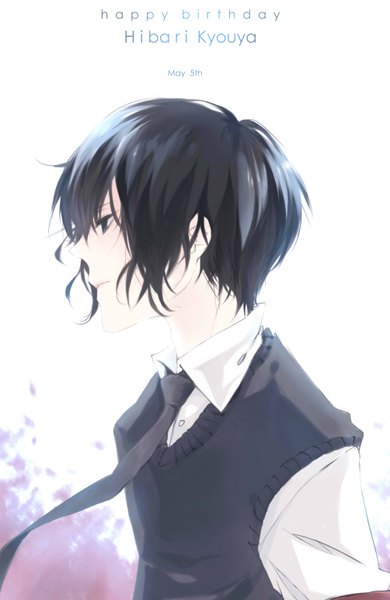 Anime picture 2005x3084 with katekyou hitman reborn hibari kyouya torinmo single tall image highres short hair blue eyes profile inscription pale skin dark hair boy shirt necktie sweater vest