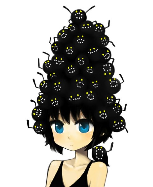 Anime picture 658x800 with original yami shoujo morina nao single tall image looking at viewer short hair blue eyes black hair simple background white background loli portrait girl dress black dress sundress
