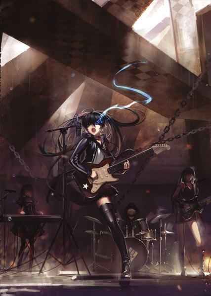 Anime picture 2501x3511 with black rock shooter black rock shooter (character) dead master strength (black rock shooter) black gold saw alphonse (white datura) long hair tall image highres open mouth blue eyes black hair twintails multiple girls white hair tattoo glowing glowing eye (eyes) checkered hair over eyes