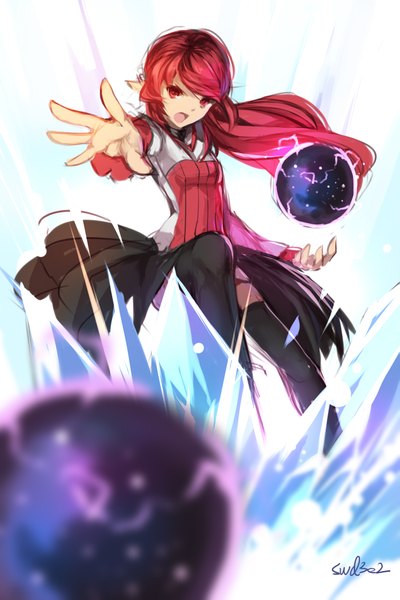 Anime picture 1511x2267 with dungeon and fighter swd3e2 single long hair tall image looking at viewer open mouth red eyes signed red hair depth of field magic outstretched hand girl thighhighs dress black thighhighs energy ball