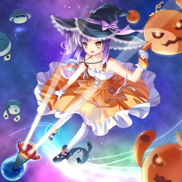 Anime picture 3000x3000 with original shoufukucho single long hair highres open mouth brown eyes purple hair halloween witch girl dress gloves hat white gloves pendant witch hat