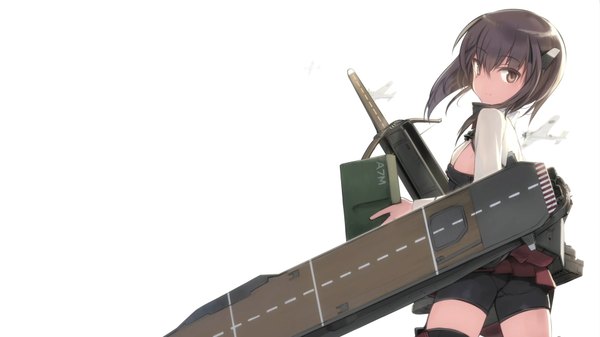 Anime picture 1920x1080 with kantai collection taihou armored aircraft carrier shimada fumikane looking at viewer highres short hair breasts light erotic black hair simple background smile wide image white background brown eyes looking back weapon book (books) pants t-shirt aircraft
