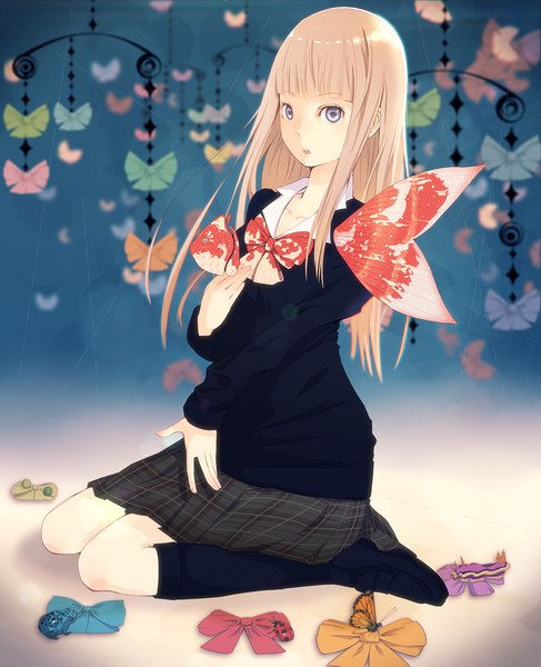 Anime picture 1016x1253 with original shimashima single long hair tall image looking at viewer open mouth blue eyes blonde hair girl skirt socks bowtie insect black socks butterfly fish (fishes) frog