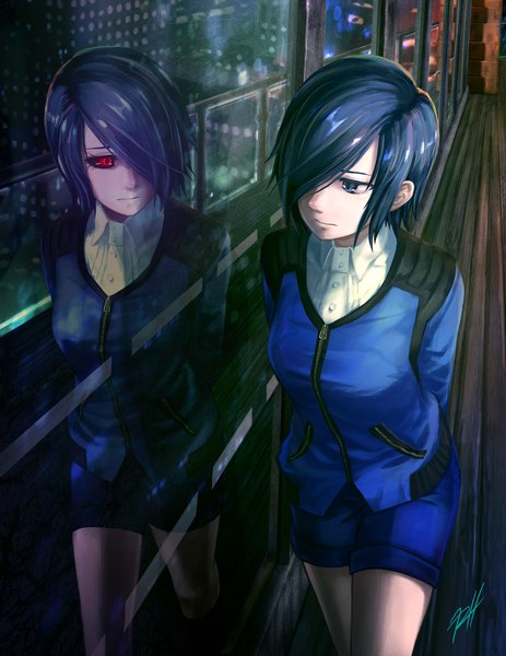 Anime picture 1236x1600 with tokyo ghoul studio pierrot kirishima touka ranh single tall image fringe short hair breasts blue eyes smile red eyes signed blue hair hair over one eye night reflection hands behind back eye contact walking