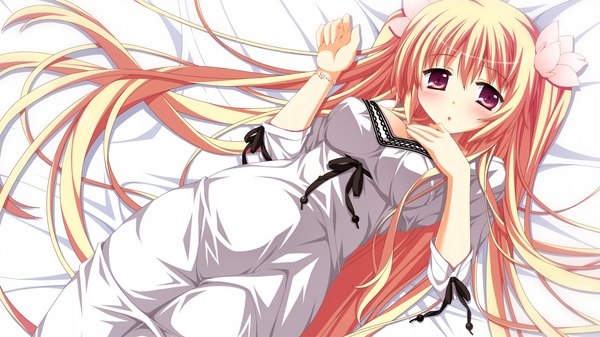 Anime picture 1280x720 with fortissimo//akkord:bsusvier (game) sakura (fortissimo) ooba kagerou long hair blush blonde hair red eyes wide image game cg lying girl dress