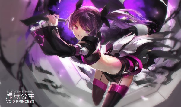 Anime picture 2185x1299 with elsword aisha landar swd3e2 single long hair looking at viewer highres open mouth wide image purple eyes twintails purple hair girl bow weapon hair bow
