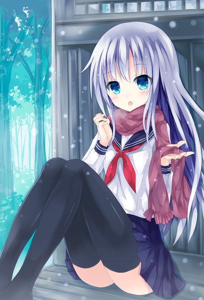 Anime picture 849x1245 with original mizumidori single long hair tall image blush open mouth blue eyes sitting silver hair girl thighhighs skirt black thighhighs plant (plants) tree (trees) serafuku scarf