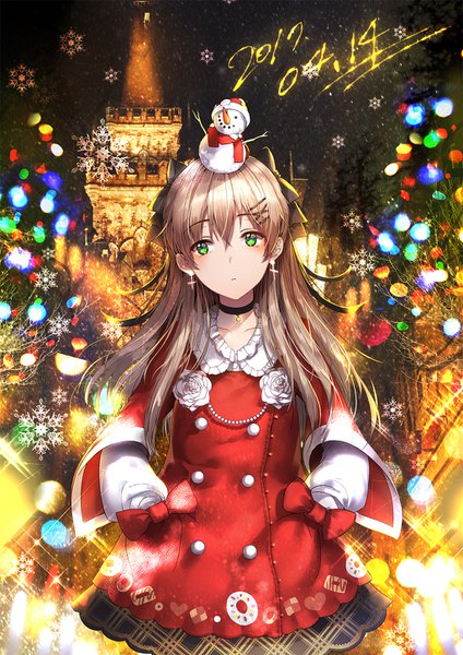 Anime picture 1024x1448 with original kyjsogom single long hair tall image fringe hair between eyes brown hair green eyes looking away night dated christmas hands in pockets double buttons food print 2017 checkerboard cookie girl hair ornament