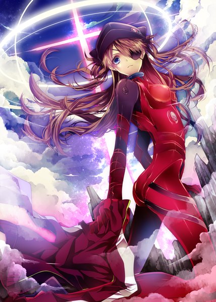 Anime picture 1500x2100 with neon genesis evangelion rebuild of evangelion evangelion: 3.0 you can (not) redo gainax soryu asuka langley shikinami asuka langley shiro (himawari) single long hair tall image blush fringe brown hair holding sky cloud (clouds) bent knee (knees) outdoors wind turning head