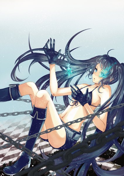 Anime picture 2481x3509 with black rock shooter black rock shooter (character) chako futoshi (artist) single long hair tall image highres blue eyes black hair twintails absurdres ahoge very long hair midriff glowing scar glowing eye (eyes) girl gloves shorts