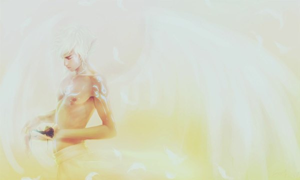 Anime picture 1600x961 with tagme (artist) single short hair wide image holding nipples white hair eyes closed realistic glowing topless angel boy wings toy feather (feathers) doll (dolls)