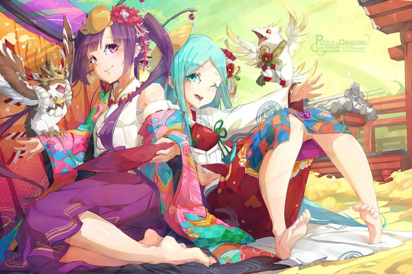 Anime picture 2250x1500 with puzzle & dragons amaterasu (p&d) tsukuyomi (p&d) kurokitsune (float0108) fringe highres open mouth smile sitting purple eyes twintails multiple girls holding signed payot looking away purple hair full body bent knee (knees) blunt bangs