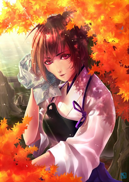 Anime picture 800x1130 with kantai collection kaga aircraft carrier ao sunadokei (artist) single tall image looking at viewer short hair brown hair purple eyes red hair sunlight autumn girl plant (plants) tree (trees) water armor leaf (leaves) breastplate muneate