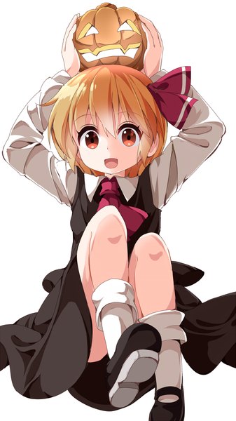 Anime picture 618x1100 with touhou rumia ruu (tksymkw) single tall image looking at viewer fringe short hair open mouth simple background red eyes white background bent knee (knees) orange hair arms up halloween girl ribbon (ribbons) hair ribbon jack-o'-lantern