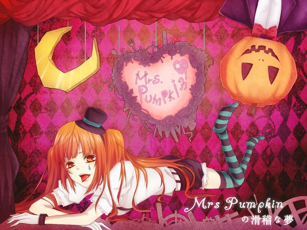 Anime picture 1200x900 with vocaloid mrs.pumpkin no kokkei na yume (vocaloid) hatsune miku shina natsume long hair orange hair orange eyes alternate costume tears halloween crescent face paint alternate color girl thighhighs hat tongue striped thighhighs vegetables mini hat