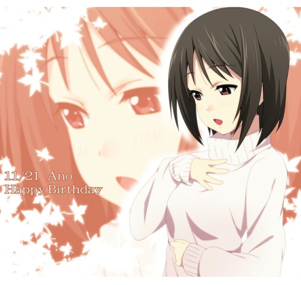 Anime picture 1140x1080 with ikari manatsu single short hair open mouth black hair brown eyes zoom layer girl leaf (leaves) sweater