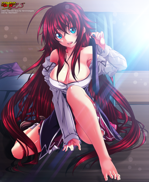 Anime picture 1024x1250 with highschool dxd rias gremory hikarinogiri single long hair tall image blush breasts open mouth blue eyes light erotic smile large breasts ahoge red hair sunlight inscription legs coloring girl