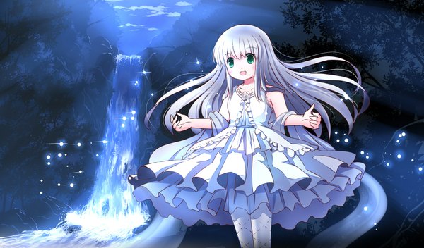 Anime picture 2136x1254 with original risutaru single long hair blush fringe highres open mouth smile wide image green eyes sky silver hair night night sky spread arms nature waterfall girl dress