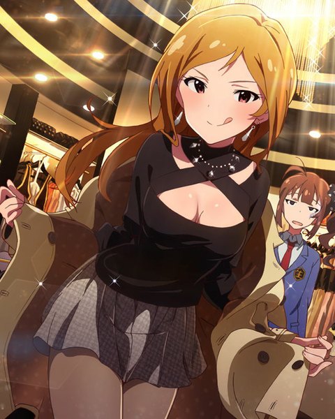 Anime picture 640x800 with idolmaster idolmaster million live! yokoyama nao momose rio long hair tall image looking at viewer fringe breasts blonde hair smile brown hair standing multiple girls brown eyes cleavage ahoge indoors official art leaning