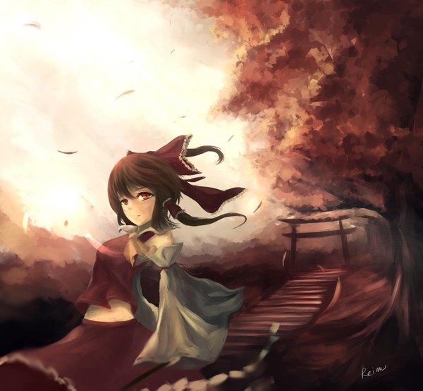 Anime picture 1713x1583 with touhou hakurei reimu gracehoo single looking at viewer highres short hair red eyes brown hair miko girl skirt bow plant (plants) hair bow detached sleeves tree (trees) skirt set torii