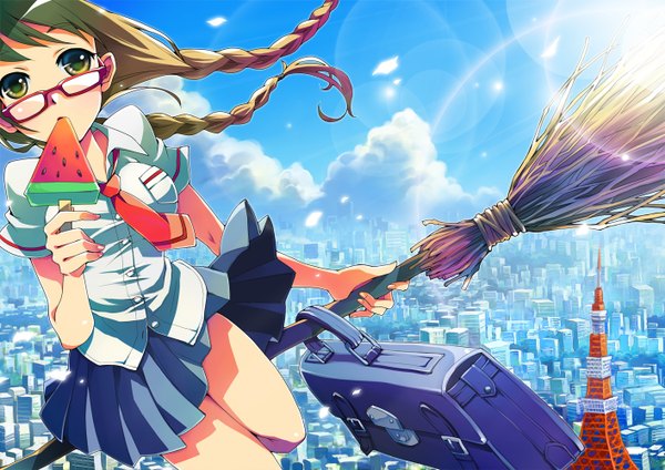 Anime picture 1414x1000 with original sachi (artist) long hair brown hair brown eyes sky cloud (clouds) braid (braids) twin braids cityscape eating flying broom riding tokyo girl skirt uniform school uniform shirt glasses