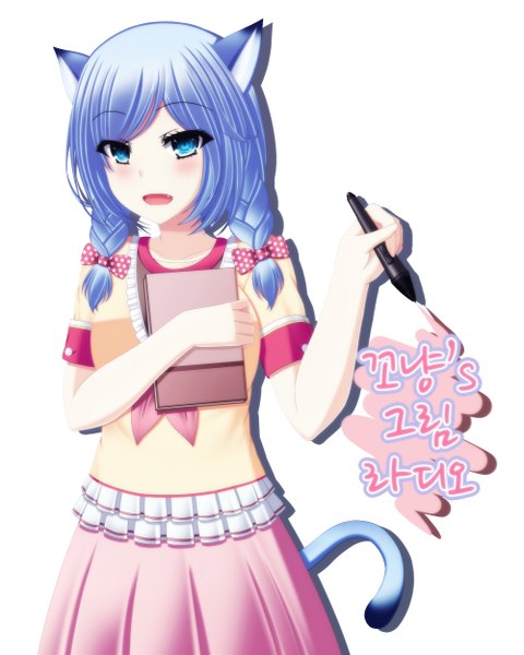 Anime picture 2000x2500 with toyokawa itsuki (p mayuhime) single long hair tall image blush highres blue eyes simple background white background blue hair tail animal tail short sleeves cat girl cat tail girl skirt