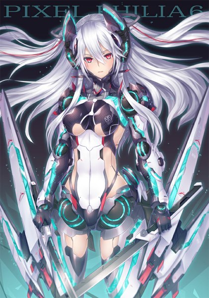 Anime picture 701x1000 with original 2d (artist) single long hair tall image looking at viewer blush red eyes silver hair inscription two side up mecha musume girl weapon sword