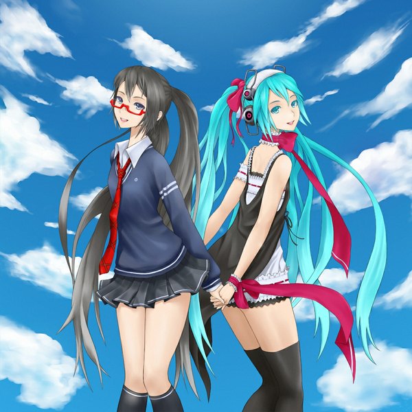 Anime picture 1063x1063 with vocaloid monochro blue sky (vocaloid) hatsune miku looking at viewer blue eyes black hair twintails sky cloud (clouds) very long hair aqua eyes aqua hair alternate costume dual persona girl thighhighs skirt bow ribbon (ribbons) black thighhighs