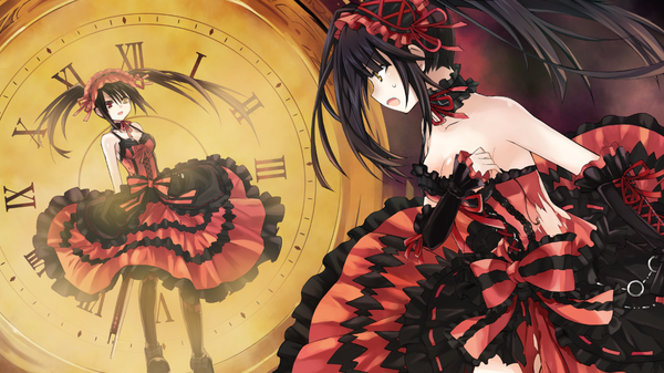Anime picture 1280x720 with date a live tokisaki kurumi long hair black hair wide image twintails multiple girls game cg heterochromia dual persona uneven twintails girl dress weapon 2 girls detached sleeves frills headdress gun clock