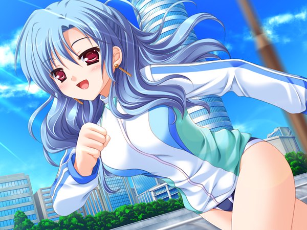 Anime picture 1200x900 with light erotic red eyes blue hair game cg running street girl jewelry