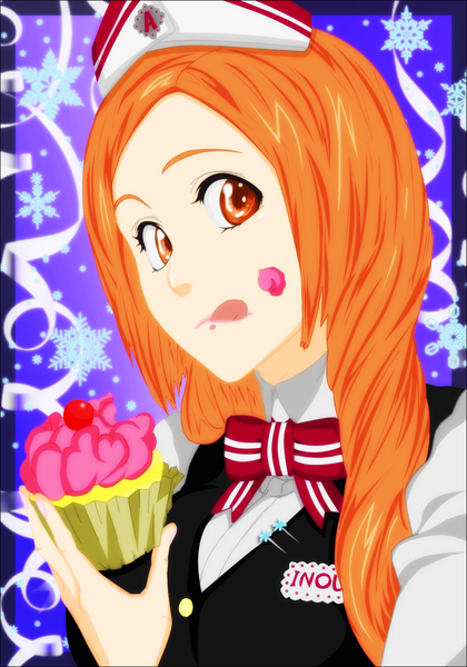 Anime picture 1024x1464 with bleach studio pierrot inoue orihime xinrynn single long hair tall image orange hair orange eyes coloring portrait snowing face :p food on face girl ribbon (ribbons) food headdress tongue