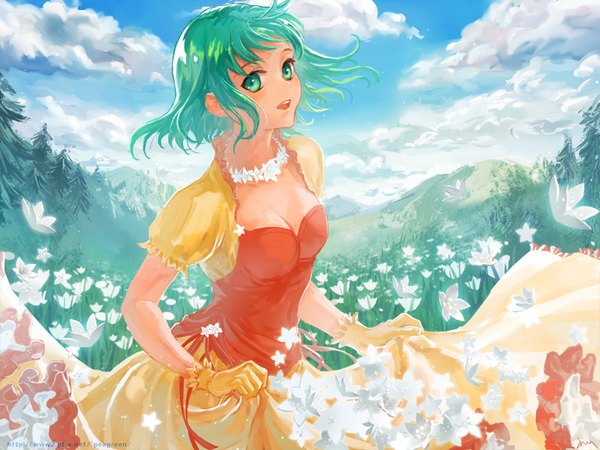 Anime picture 800x600 with vocaloid gumi yamakawa umi single looking at viewer short hair open mouth green eyes sky cleavage cloud (clouds) green hair mountain spring girl dress gloves flower (flowers) plant (plants) tree (trees)