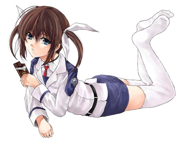 Anime picture 1280x1024 with mahou shoujo lyrical nanoha mahou shoujo lyrical nanoha strikers takamachi nanoha raid slash single looking at viewer fringe short hair blue eyes simple background hair between eyes brown hair white background twintails payot zettai ryouiki short twintails on stomach leg lift (legs lift) military