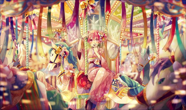 Anime picture 1100x650 with original maple (cyakapon) single looking at viewer blush fringe open mouth smile wide image sitting holding pink hair nail polish traditional clothes japanese clothes pink eyes hair flower covering hair ornament flower (flowers)