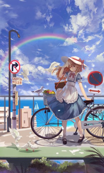 Anime picture 1500x2500 with touhou kana anaberal magician (china) long hair tall image looking at viewer fringe smile red eyes brown hair standing sky cloud (clouds) sunlight shadow adjusting hair girl flower (flowers) bow animal