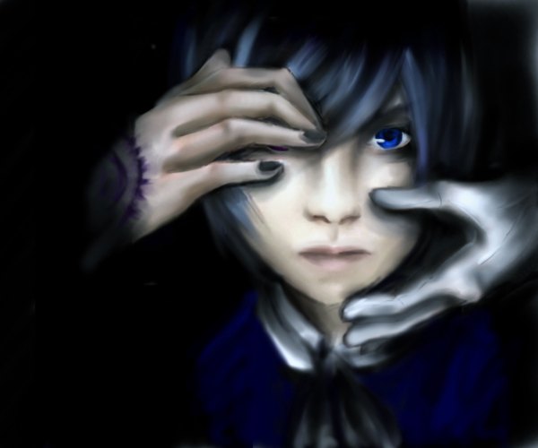 Anime picture 1200x1000 with kuroshitsuji a-1 pictures sebastian michaelis ciel phantomhive looking at viewer short hair blue eyes blue hair nail polish realistic boy gloves