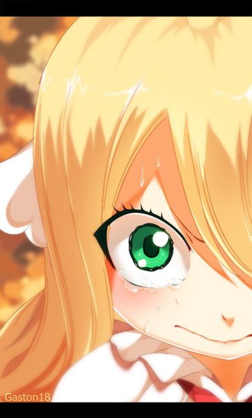 Anime-Bild 604x1000 mit fairy tail mavis vermillion tongasart single long hair tall image blonde hair green eyes loli tears coloring letterboxed close-up face crying head wings girl wings