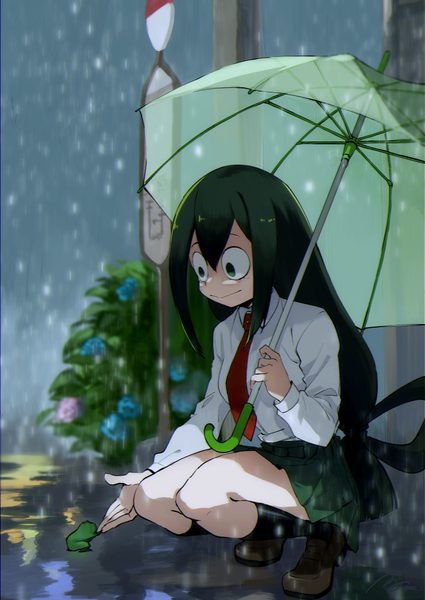 Anime picture 860x1214 with boku no hero academia studio bones asui tsuyu matsuya (pile) single long hair tall image fringe hair between eyes green eyes full body outdoors green hair looking down rain squat outstretched hand girl uniform flower (flowers)